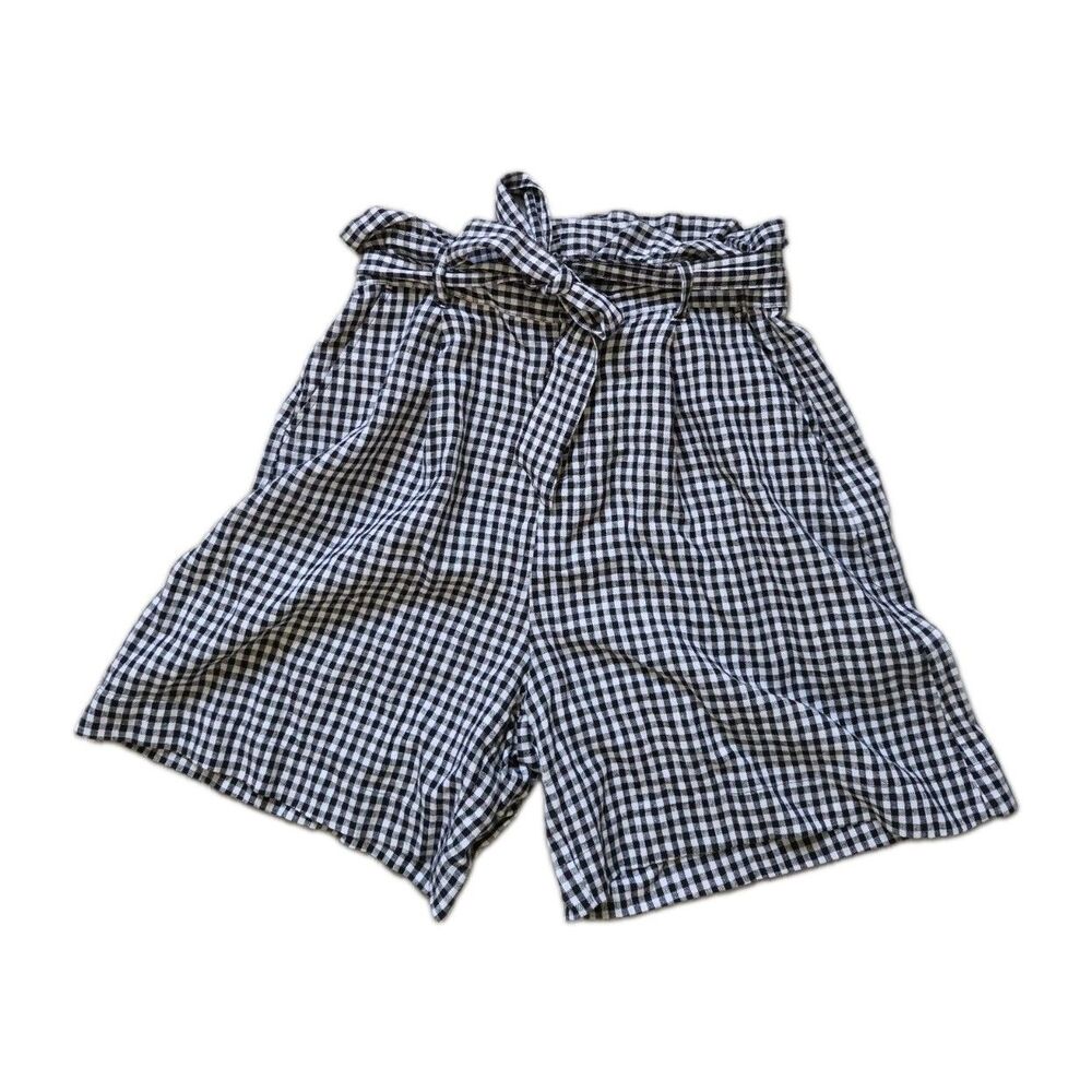 Who What Wear Black White Gingham Linen Blend Paperbag Shorts Tie Waist Sz 6 EUC